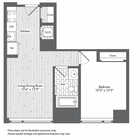 Floor plan for 1 bed, 1 bath, 587 sqft